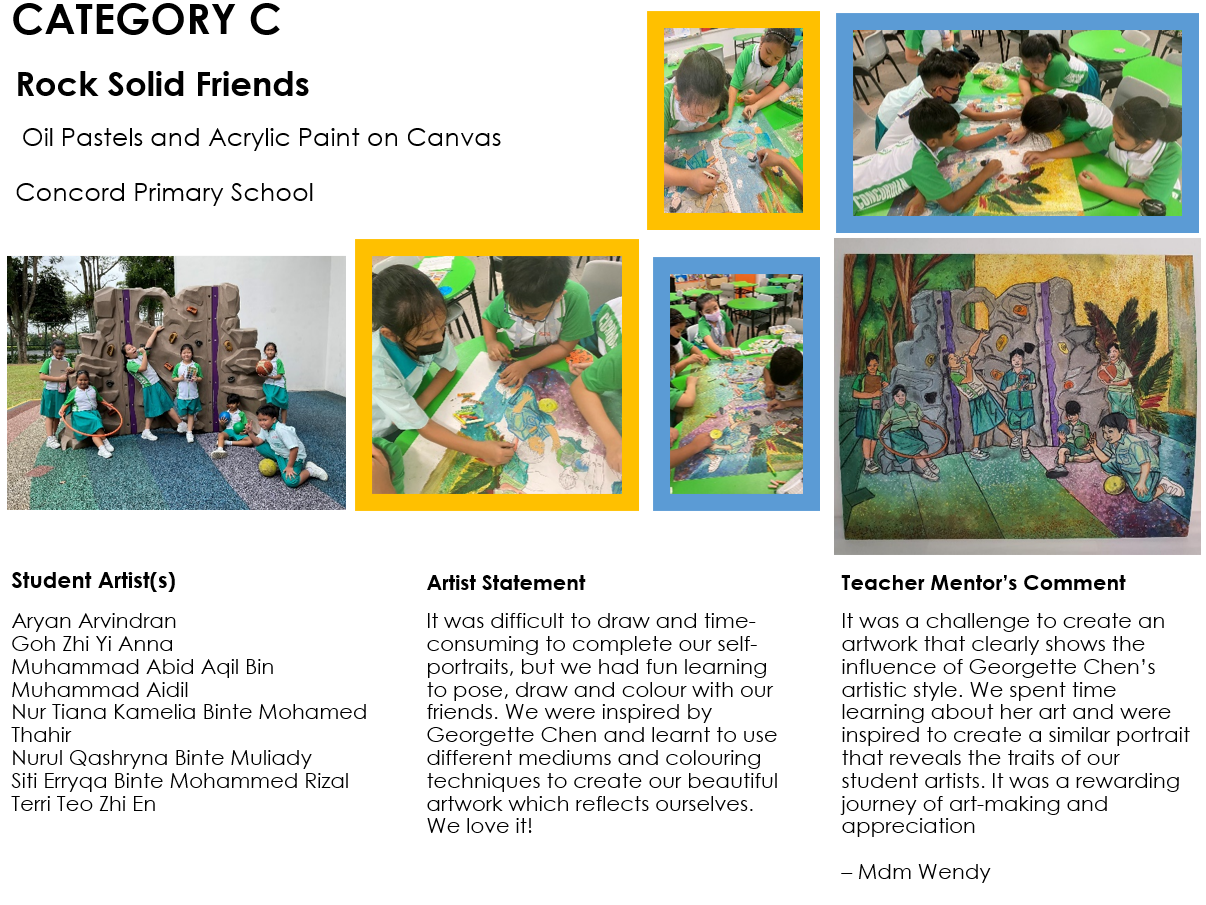 Primary school students in green uniforms painting a large canvas mural together, alongside the finished colorful artwork.